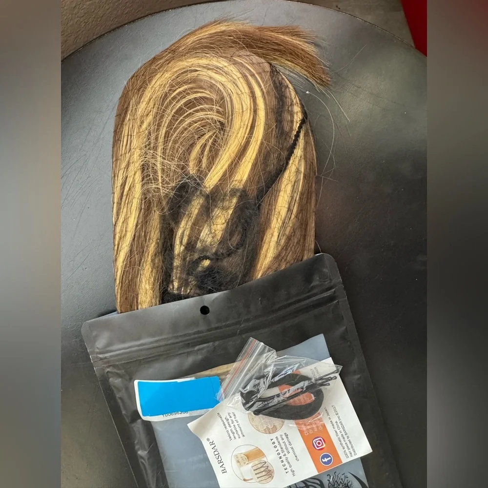 TWO 28” Straight Med. Brown/Yellow Blonde Highlight Synthetic Ponytail Extension